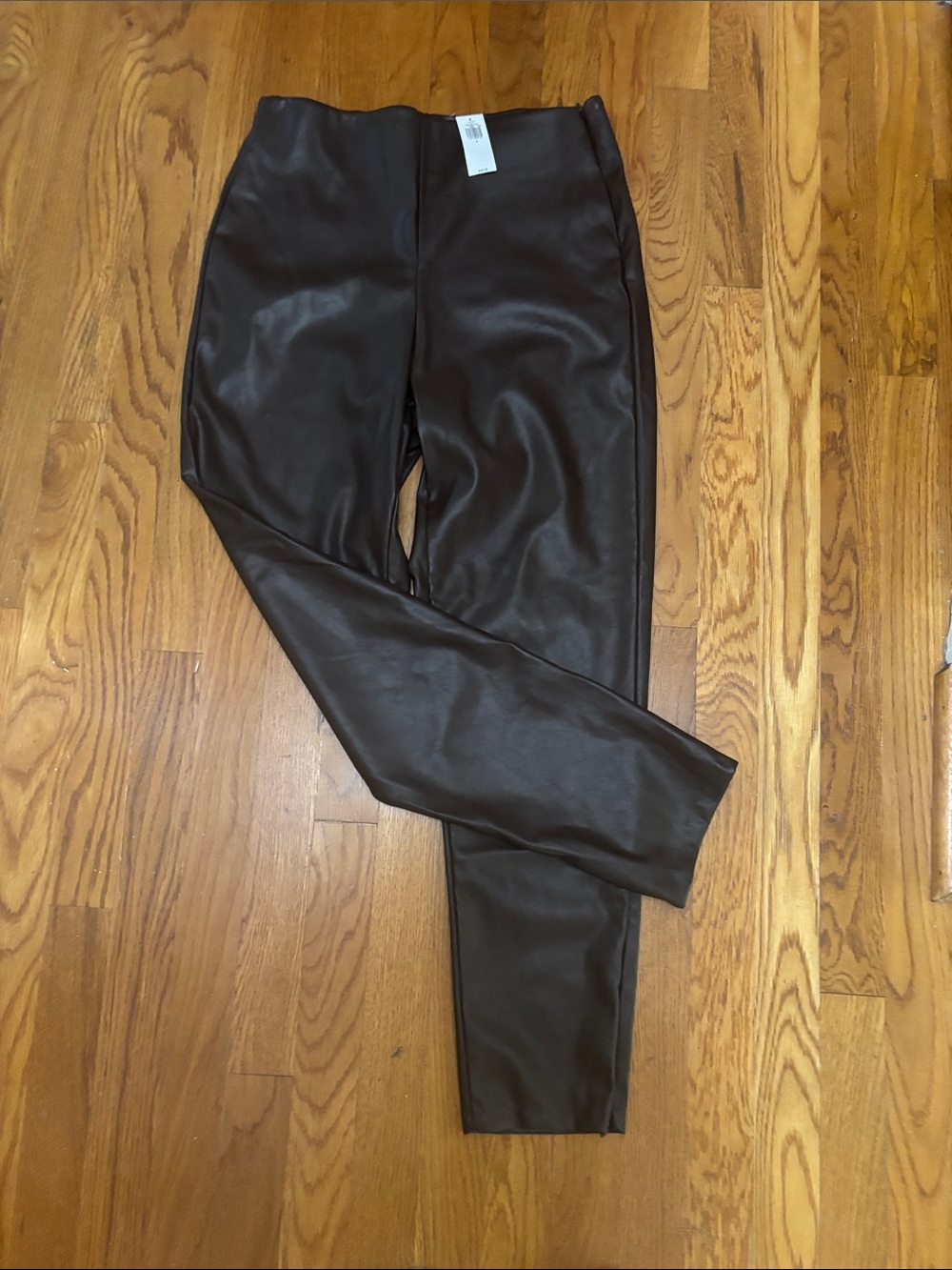 Faux Leather High-Waist Pants - Dark Brown
